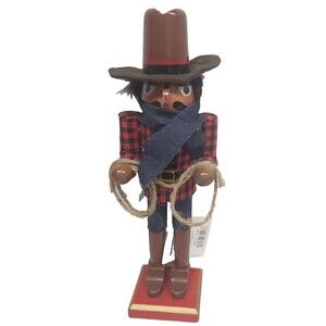 Wooden Christmas Nutcracker,12", AFRICAN AMERICAN COWBOY WITH LASSO,Merry Bright